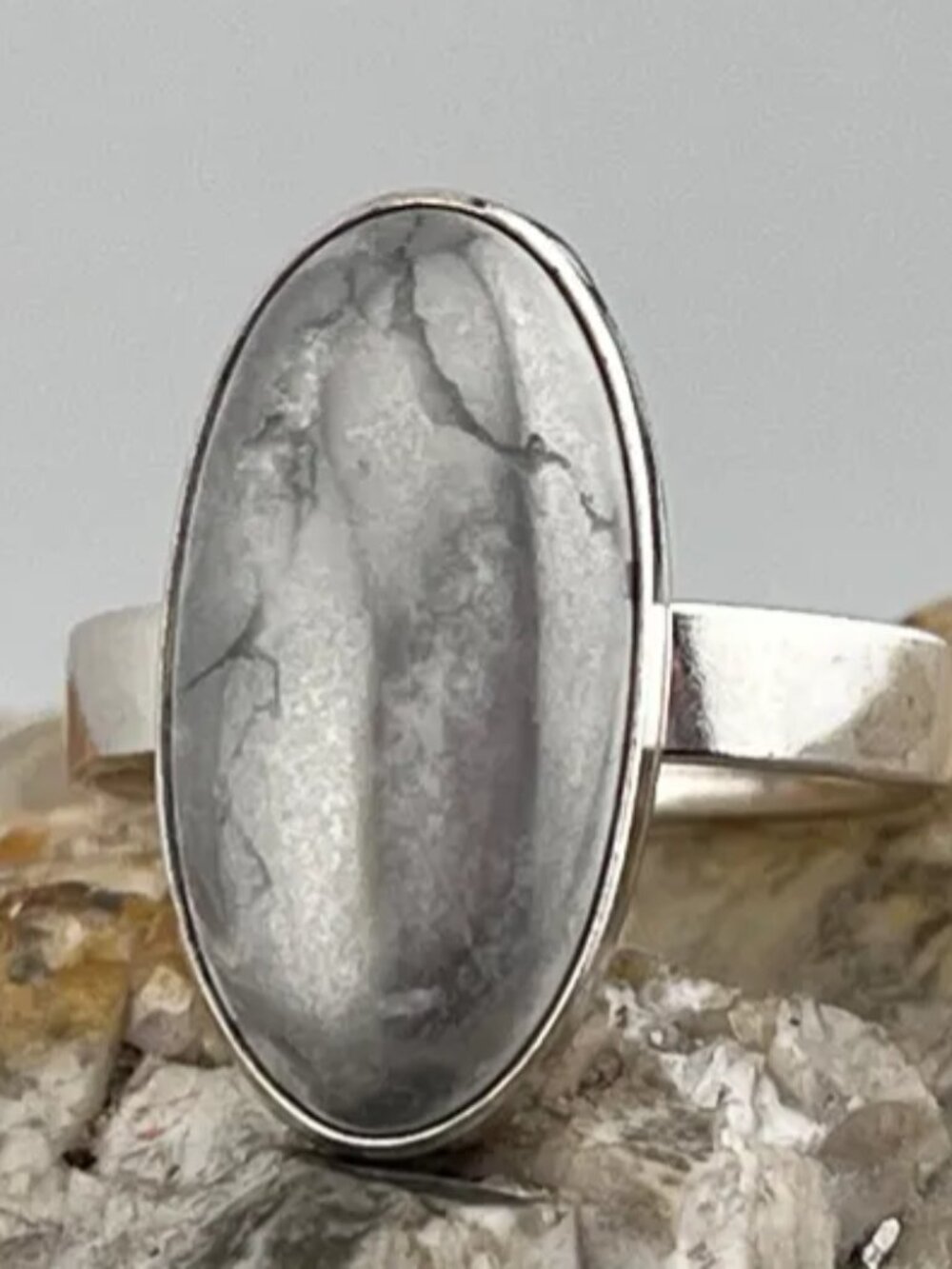 Silvery Stone Cabochon Sterling Silver Ring size 6 1/2 US